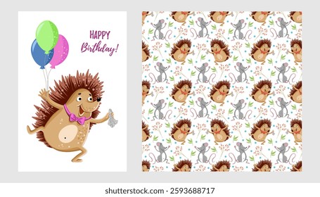 Set of seamless pattern and Birthday postcard with cute animals, hedgehog and mouse . Vector illustration