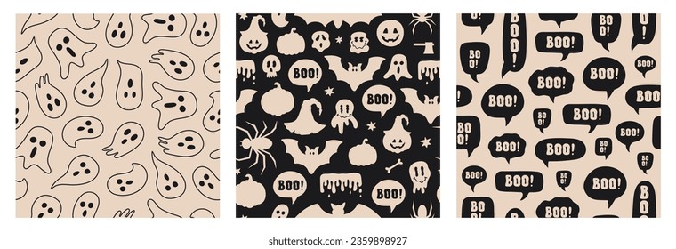 Set of seamless pattern with black and beige halloween symbols: ghost, bat, spider, pumpkin in cartoon flat style. Vector Illustration