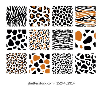 Set of seamless pattern with black jaguar leopard zebra tiger lion animal skin print texture fur on white background. Safari fauna vector illustration in flat style for textile fabric