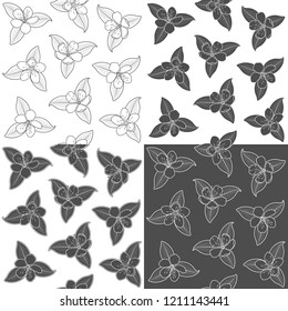 Set of seamless pattern with black and white spring flowers. Vector background with isolated objects on a white background.