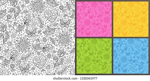 Set of Seamless Pattern with Black and White, Blue, Green, Yellow, Pink Spring Contour Figures. Kit of Design Doodle Ornaments of Different Colors.