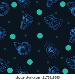 Set Seamless Pattern Blue Mystical Celestial Simple Minimalism Tattoo Symbol With Blue Circle Object Space Doodle Esoteric Elements Vintage Illustration Dark Blue Background.