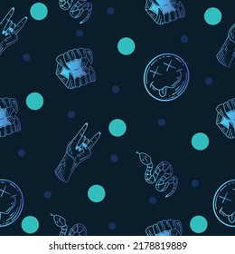 Set Seamless Pattern Blue Mystical Celestial Simple Minimalism Tattoo Symbol With Blue Circle Object Space Doodle Esoteric Elements Vintage Illustration Dark Blue Background.