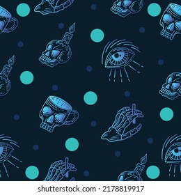 Set Seamless Pattern Blue Mystical Celestial Simple Minimalism Tattoo Symbol With Blue Circle Object Space Doodle Esoteric Elements Vintage Illustration Dark Blue Background.