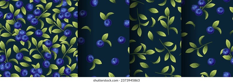 Set Seamless pattern of blueberries on a dark background. Texture of blue berries and leaves. Blueberry sprigs for fabric, wallpaper, wrapping paper, etc.