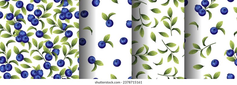 Set Seamless pattern of blueberries on a white background. Texture of blue berries and leaves. Blueberry sprigs for fabric, wallpaper, wrapping paper, etc.