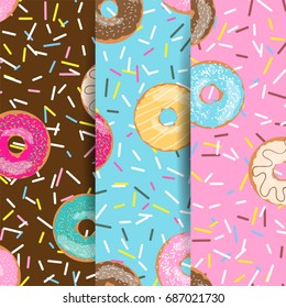 Set of seamless pattern bright tasty vector donuts and sprinkles background in cartoon style for menu in cafe and shop