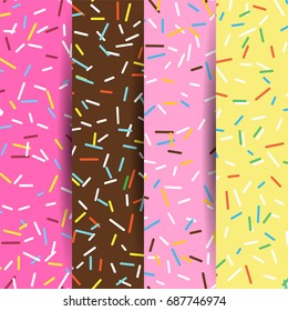 Set of seamless pattern bright tasty vector donuts and sprinkles background in cartoon style for menu in cafe and shop