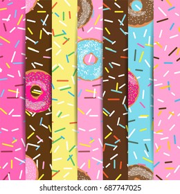 Set of seamless pattern bright tasty vector donuts and sprinkles background in cartoon style for menu in cafe and shop