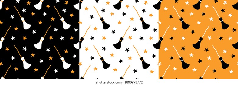 Set of seamless pattern with brooms and stars. Colorful vector illustration great for festive background, decoration, cards, wallpaper, digital paper, wrapping paper, prints, fabrics, textile designs.