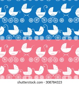 Set of seamless pattern with buggy on pink and blue background. Baby shower for girl and boy.