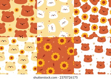 set of seamless pattern bundle, pattern collection cartoon bear. cute wallpaper collection for gift wrap paper, fabric print