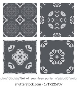 Set of seamless pattern with butterflies and hearts. Color grey, white and black. Vector.	