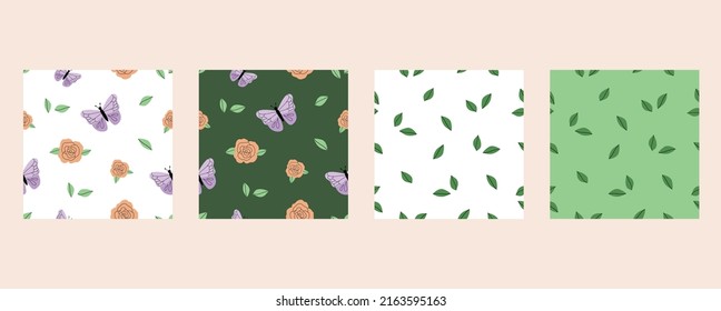 Set of seamless pattern with butterflies, roses and leaves. Romantic green and white vector pattern in hand-drawn flat style. Perfect for wallpaper, textiles, women's clothing, surface design