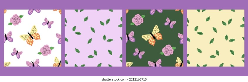 Set of seamless pattern with butterflies, roses and leaves. Romantic green, white, yellow and lilac vector patterns in hand-drawn flat style