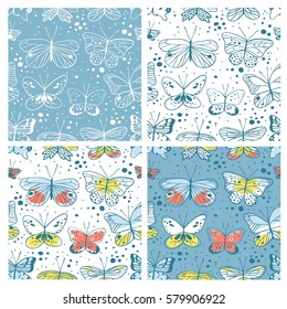 Set of seamless pattern with butterfly. Hand drawn vector illustration. Decorative elements for design. Creative art work