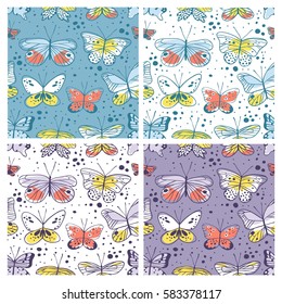 Set of seamless pattern with butterfly. Hand drawn vector illustration. Decorative elements for design. Creative art work