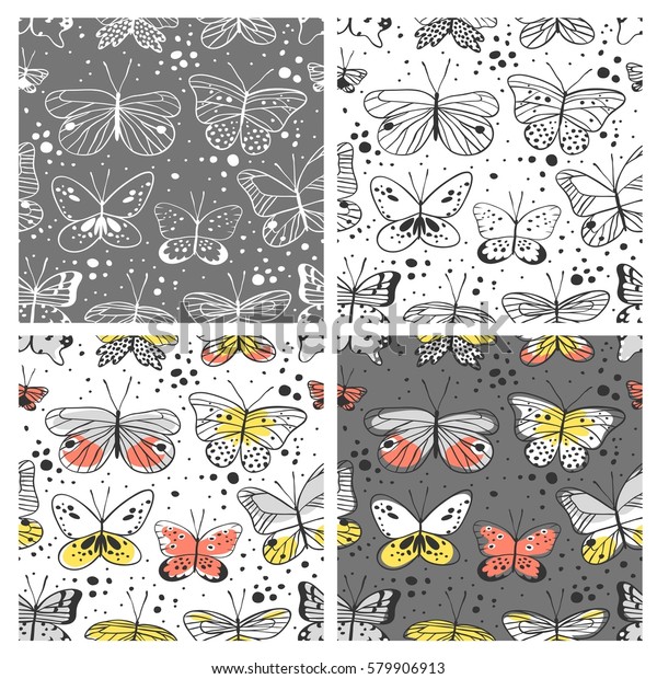 Set Seamless Pattern Butterfly Hand Drawn Stock Vector (Royalty Free ...