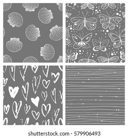 Set of seamless pattern with butterfly, shells, hearts, stripes. Hand drawn vector illustration. Decorative elements for design. Creative art work