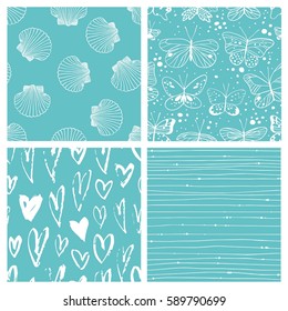 Set of seamless pattern with butterfly, shells, hearts, stripes. Hand drawn vector illustration. Decorative elements for design. Creative art work