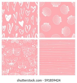 Set of seamless pattern with butterfly, shells, hearts, stripes. Hand drawn vector illustration. Decorative elements for design. Creative art work
