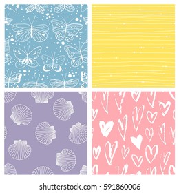Set of seamless pattern with butterfly, shells, hearts, stripes. Hand drawn vector illustration. Decorative elements for design. Creative art work