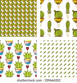 Set Seamless pattern of cacti and succulents in pots. In the hand drawn style. Hero, Secondary, Blending patterns. For scrapbooking, fabric, wrapping paper.