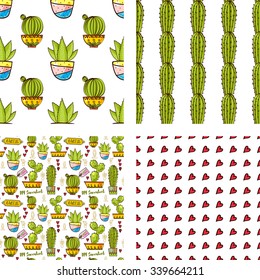 Set Seamless pattern of cacti and succulents in pots. In the hand drawn style. Hero, Secondary, Blending patterns. For scrapbooking, fabric, wrapping paper.