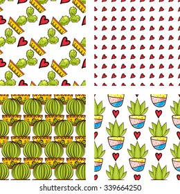 Set Seamless pattern of cacti and succulents in pots. In the hand drawn style. Hero, Secondary, Blending patterns. For scrapbooking, fabric, wrapping paper.