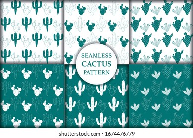 Set of seamless pattern with cactus, succulents and floral elements. Vintage vector botanical illustration. Background ready for printing on textile and other seamless design