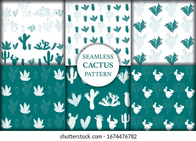 Set of seamless pattern with cactus, succulents and floral elements. Vintage vector botanical illustration. Background ready for printing on textile and other seamless design