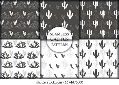 Set of seamless pattern with cactus, succulents and floral elements. Vintage vector botanical illustration. Background ready for printing on textile and other seamless design