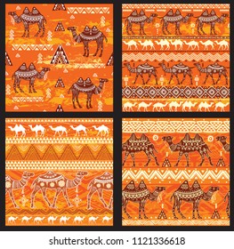Set of Seamless pattern with camels and ethnic motifs