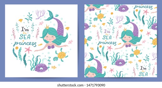 Set of seamless pattern and card with cute mermaid