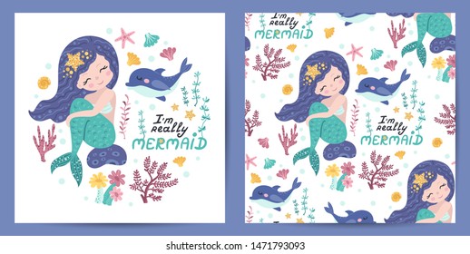 Set of seamless pattern and card with cute mermaid