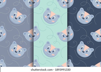 Set von nahtlosen Mustern mit Cartoons im skandinavischen Stil auf mehrfarbigem Hintergrund. Farbige Vektorgrafiken für Kinder. Handzeichnung. Kinderdesign für Stoff, Druck, Textilien.