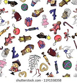 Set seamless pattern cartoon christmas characters for fairy tale Nutcracker. Can be used for web page background, fills drawings, wallpapers, surface textures.