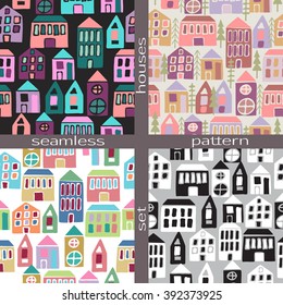 Set of seamless pattern with cartoon houses