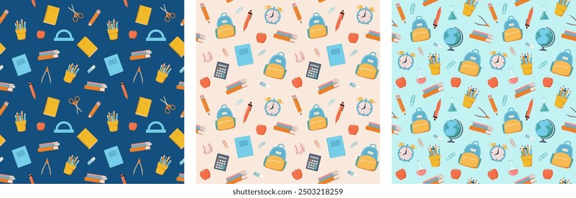 Set of seamless pattern with cartoon school items. Pen, pencil, book, globe, backpack, ruler vector illustration. Education, stationery store background, wrapping paper. 