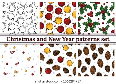 Set of seamless pattern with christmas balls, bow, holly and cone. Colorful Christmas seamless background.