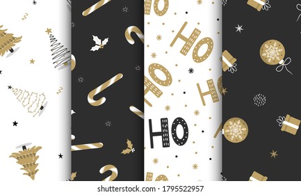 Set of seamless pattern with christmas elements on dark and white background. Perfect for holiday invitations, winter greeting cards, wallpaper and gift paper. Vector illustration in flat style.