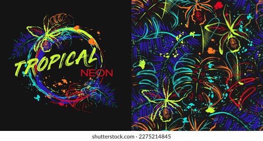 Set of seamless pattern, circle label with orchids, tropical foliage, paint brush strokes, spattered paint of neon bright colors. Virtual surreal nature Grunge style for sports goods, prints, t shirt