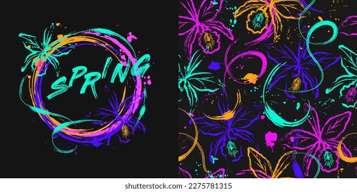 Set of seamless pattern, circle label with orchids, paint brush strokes, spattered paint of neon bright colors. Virtual surreal nature Grunge style for sports goods, prints, clothing, t shirt design