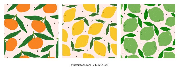 Set of seamless pattern with citrus and leaves