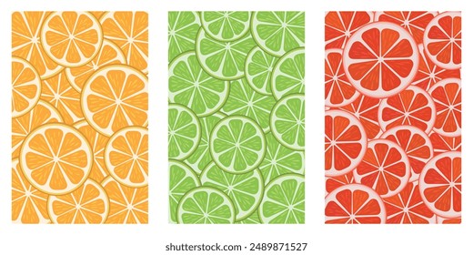 Set of seamless pattern with citrus - orange, lime, grapefruit. Vector illustration EPS10.