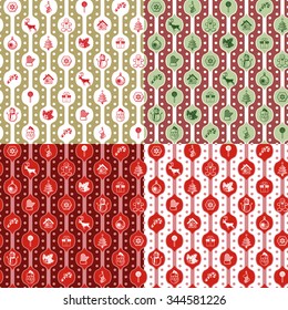 Set of seamless pattern in classic red and green and gold colors. Holiday texture with christmas icons