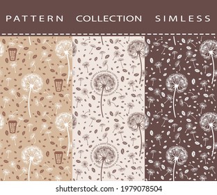 Set seamless pattern from coffee beans and dandelions. For wrapping paper, design and decoration. The image is isolated from the background. Vector illustration.