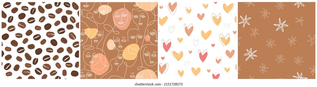 A set of seamless pattern with coffee beans, women's linear portraits, faces, hearts. Simple romantic abstract print. Vector graphics.