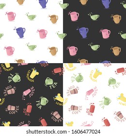 Set of seamless pattern with coffee paper cup, tea ceramic cup, soda can and glass lemonade on black and white background