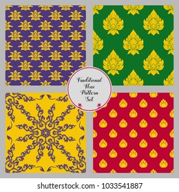 Set of seamless pattern with color decorative elements of traditional Thai ornament. Stock vector illustration. 